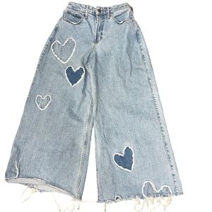Social Tourist Ultra High Rise Baggy Heart Cropped Distressed Frayed Jeans